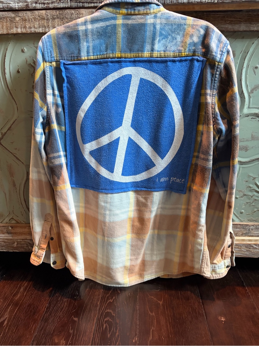 Women’s Upcycled Blue & Tan Plaid Peace Sign Plaid Flannel